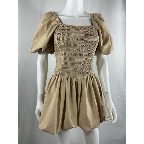 Endless Rose Smocked Beige Puff Mini Dress Size XS - Picture 2 of 4
